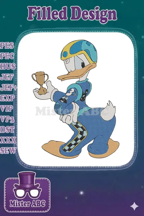 A vibrant embroidery of Donald Duck in a blue and yellow racing suit, holding a golden trophy with a proud expression.