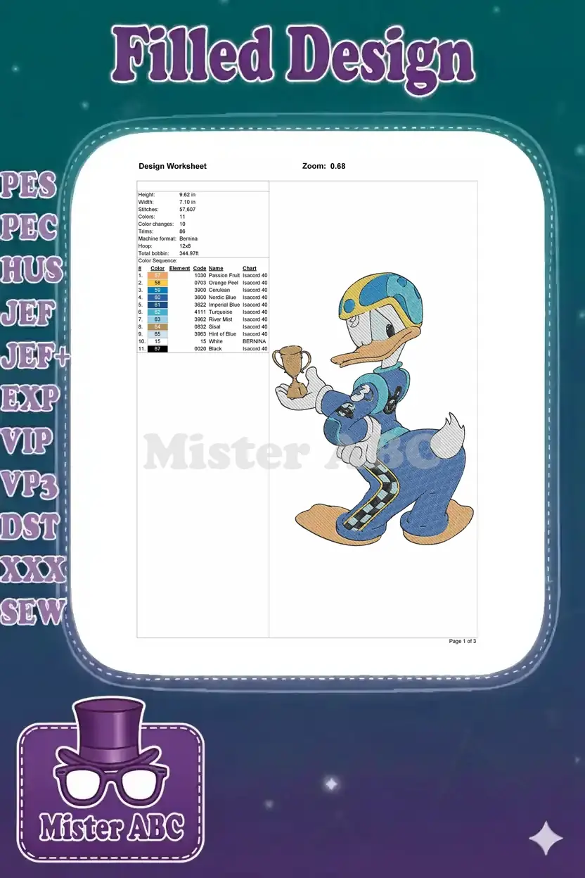 An embroidery design worksheet detailing stitch count, color sequence, dimensions, and machine format for Donald Duck.