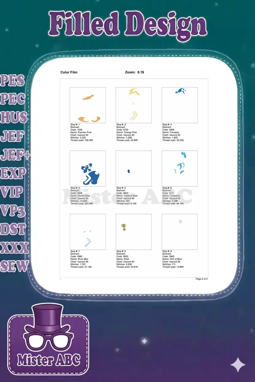 A color film chart showing the first nine individual color stops and thread details for the Donald Duck design.