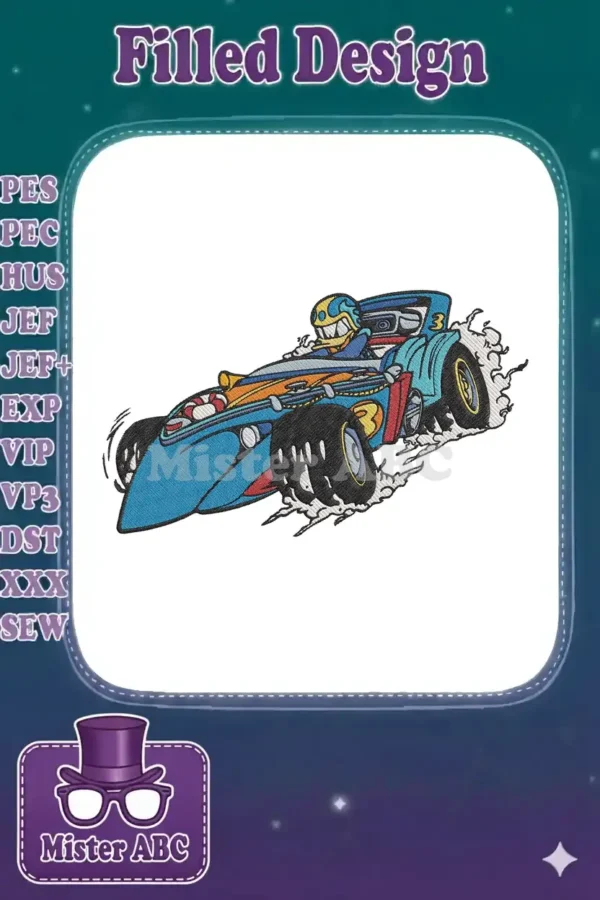 Embroidered design of a cartoon duck, resembling Donald Duck, fiercely driving a vibrant blue and orange hot rod.