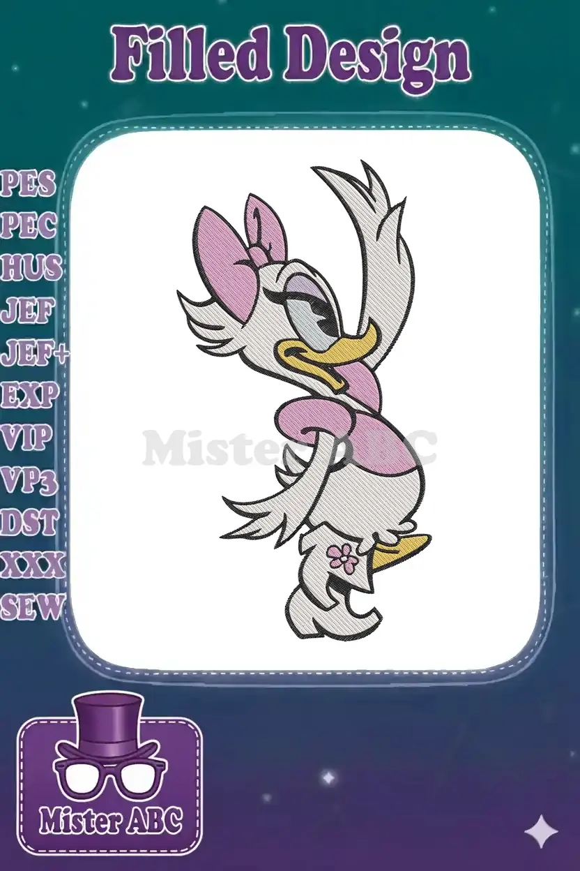 Embroidered Daisy Duck design, standing with a pink bow and dress, vibrant and detailed, facing left.