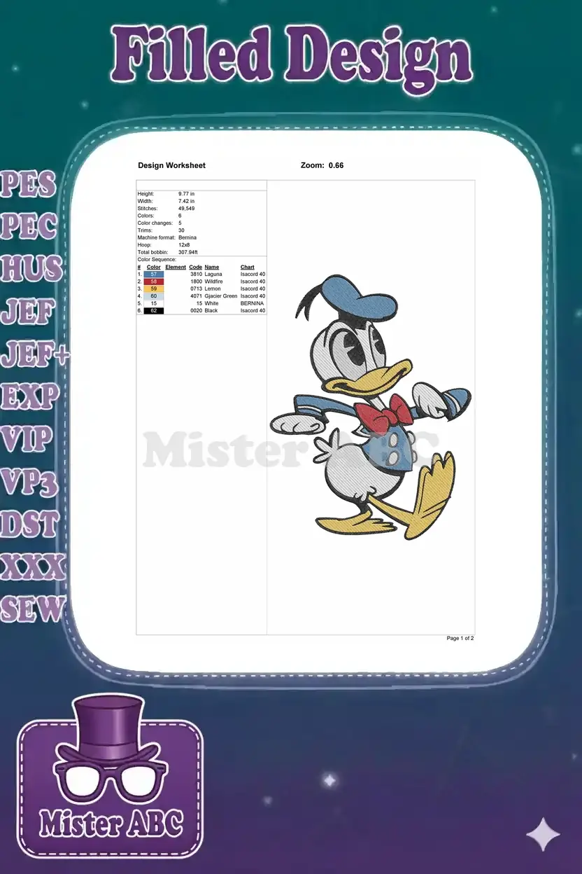 Detailed embroidery design worksheet for Donald Duck, displaying essential specifications including dimensions, stitch count, and color sequence.