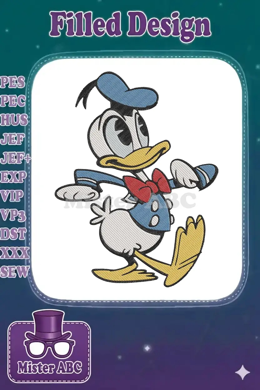 Vibrant Donald Duck embroidery design, showcasing the classic character in a lively walking pose with his iconic blue cap and red bow tie.