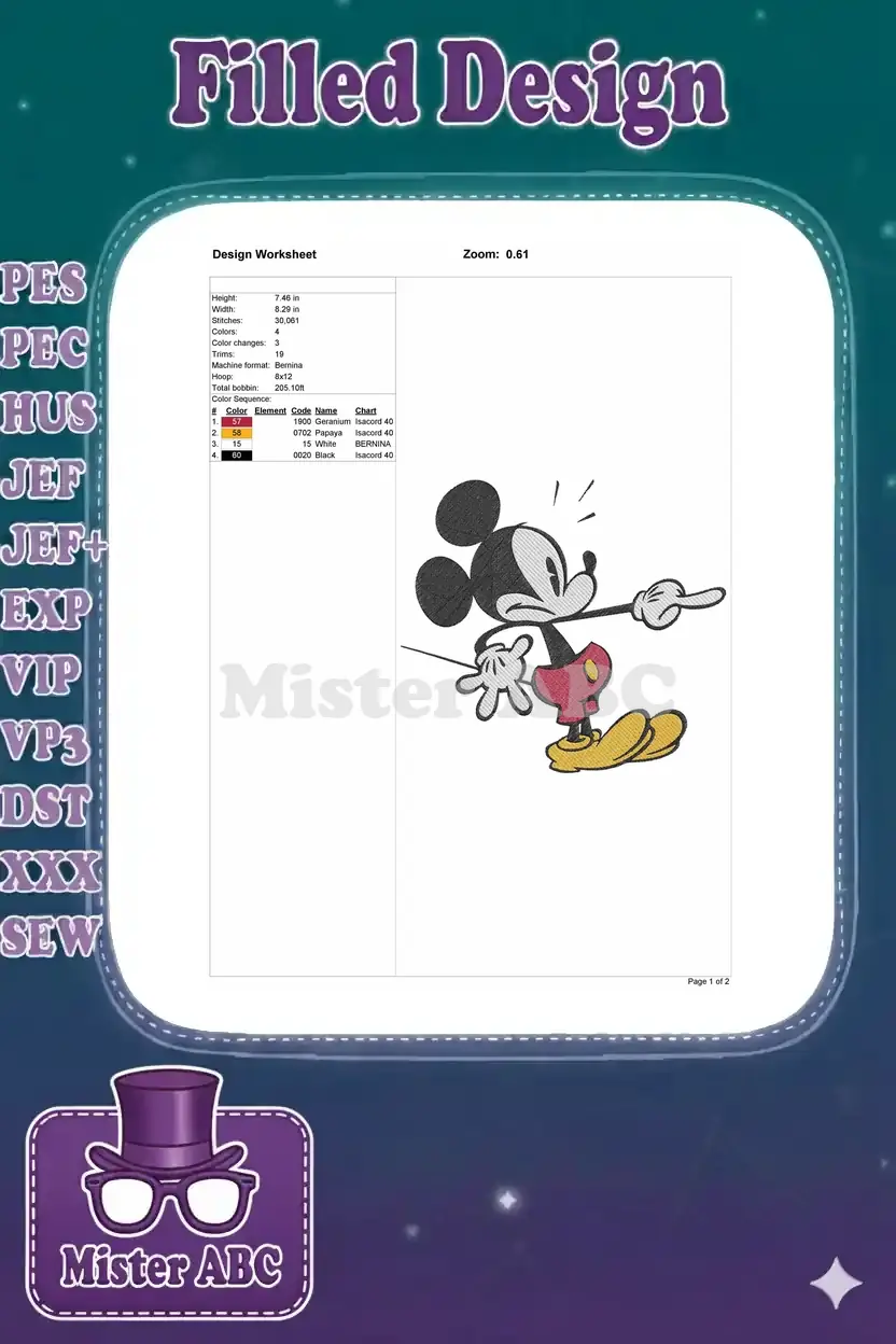 Embroidery design worksheet for Mickey Mouse, detailing dimensions, stitch count, color sequence, and machine info.