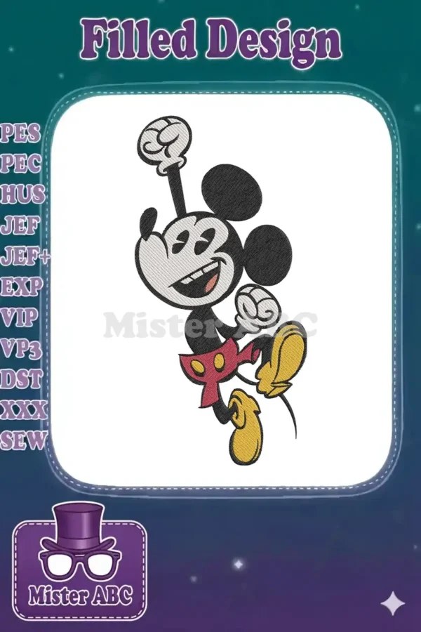 A vibrant embroidery design featuring Mickey Mouse in a cheerful, dynamic pose, ready to bring joy to any item.