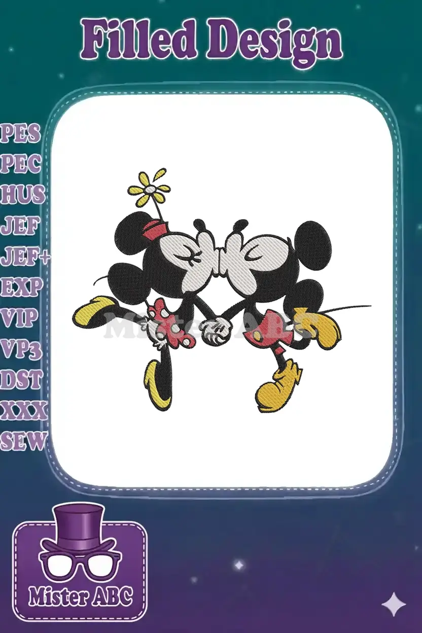 Mickey and Minnie Mouse sharing a sweet kiss, holding hands, with Minnie holding a yellow flower.