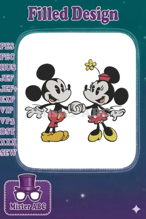 Classic Mickey and Minnie Mouse embroidery design, holding hands with joyful expressions. Features vibrant red, yellow, and black stitches.