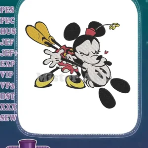Minnie Mouse embroidery design showing her lovingly hugging Mickey's iconic yellow shoes and white gloves.
