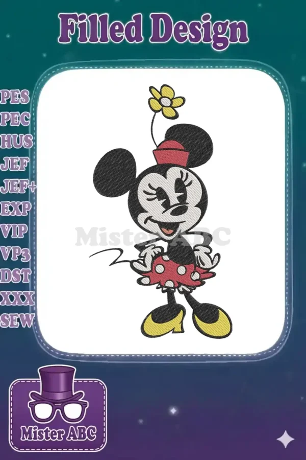 A vibrant embroidery design featuring classic Minnie Mouse in a red polka dot skirt, with a cheerful pose and a yellow flower.