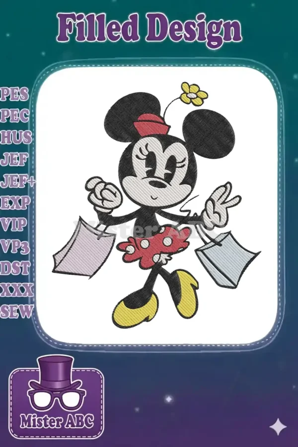 Minnie Mouse happily walking with two shopping bags, wearing her classic red polka dot skirt and hat.