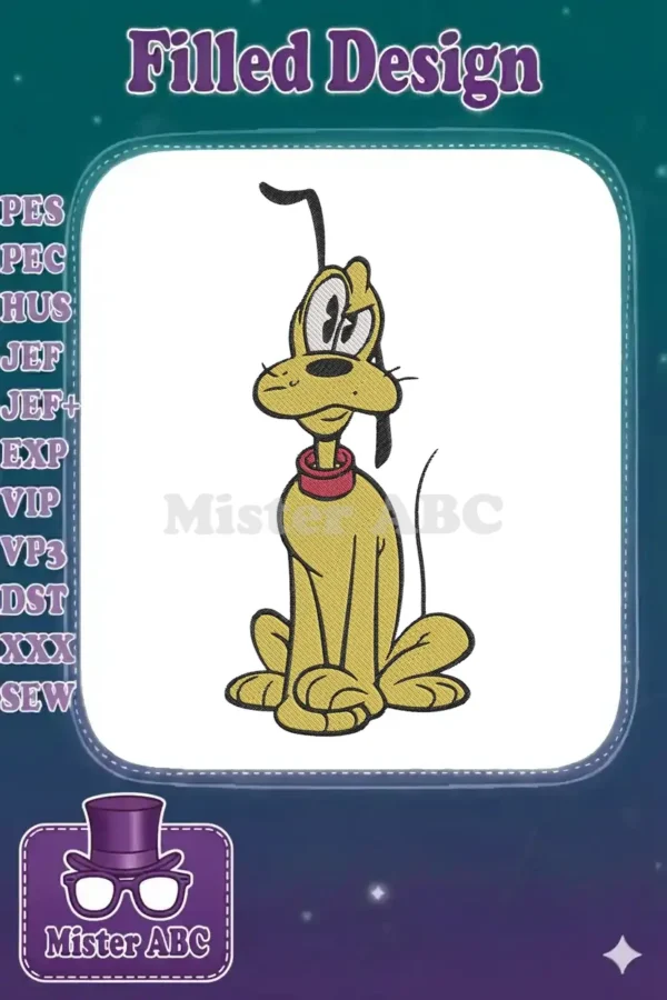 High-quality embroidery design featuring Disney's Pluto, sitting patiently with a happy expression and red collar.