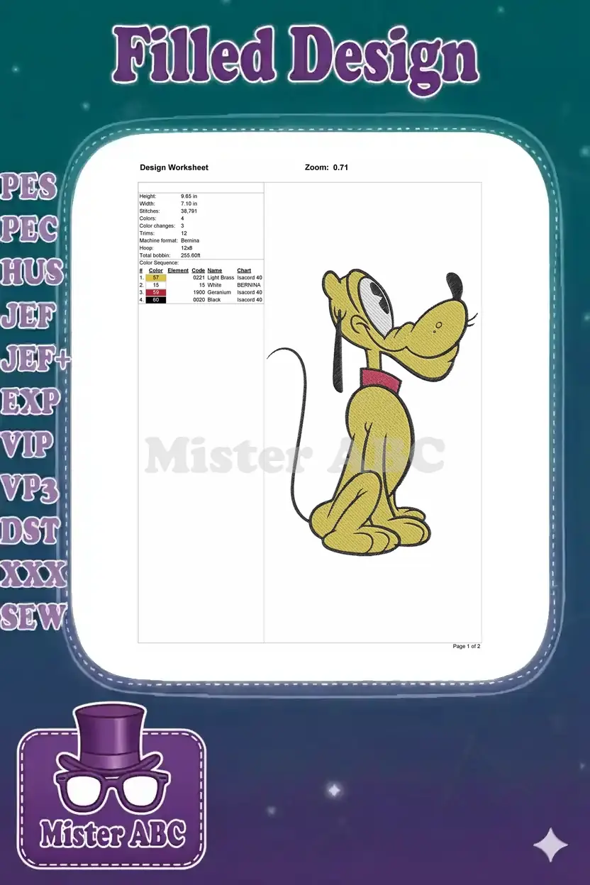 Detailed embroidery design worksheet for Pluto, showing dimensions, stitch count, color sequence, and machine info.