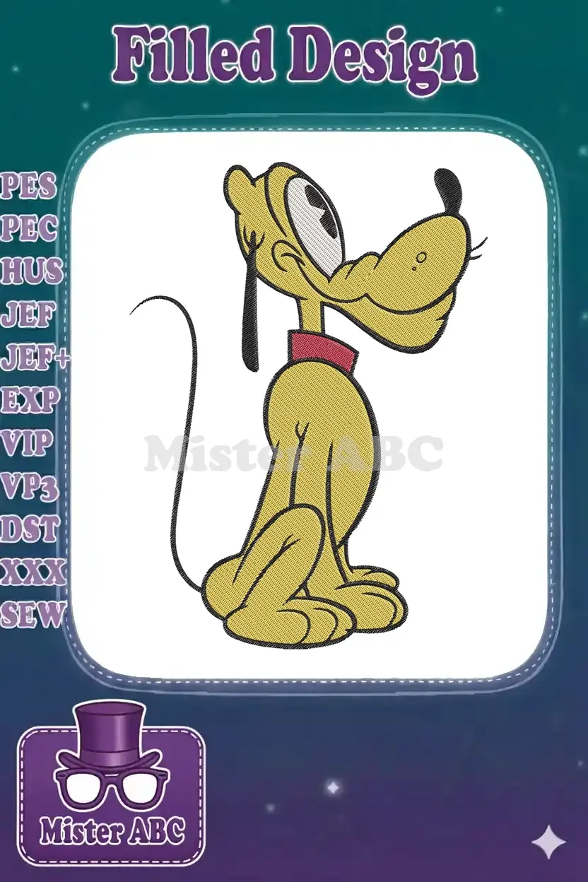 Full-color embroidery of Pluto, the iconic Disney dog, sitting patiently with a happy expression, facing right.