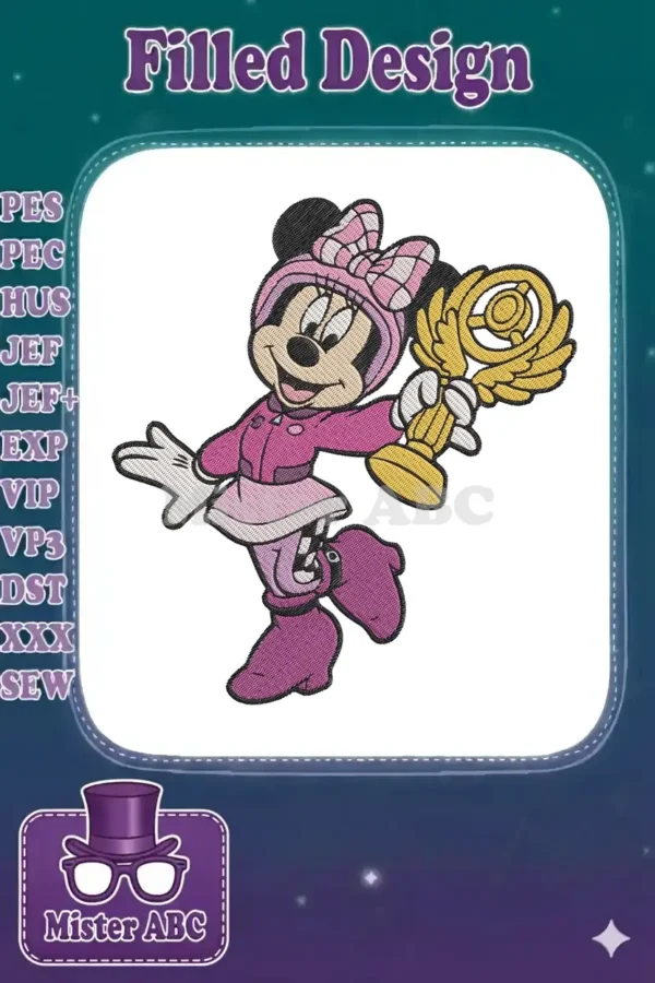 Minnie Mouse embroidery design, dressed in a pink winter coat, skirt, boots, and bow, holding a golden trophy.
