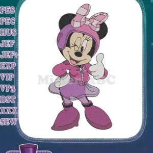 Minnie Mouse in a pink and purple pilot outfit with a helmet and bow, giving a cheerful thumbs-up.