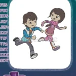 Energetic Cartoon Boy Girl Running Fun Embroidery Designs - Instant Download