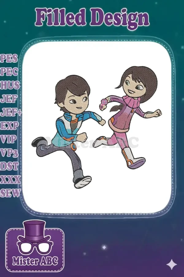 Full view of an energetic embroidery design featuring a boy and girl joyfully running with vibrant colors.