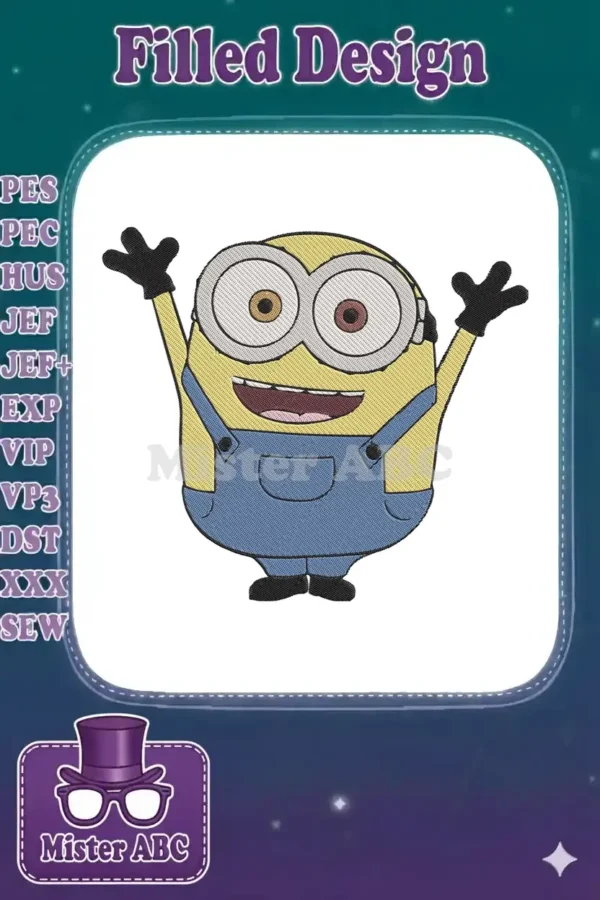 A cheerful Minion embroidery design, yellow with blue overalls, black gloves, and two large goggles, arms raised.