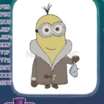 Minion in winter coat holding fish embroidery designs - Instant Download