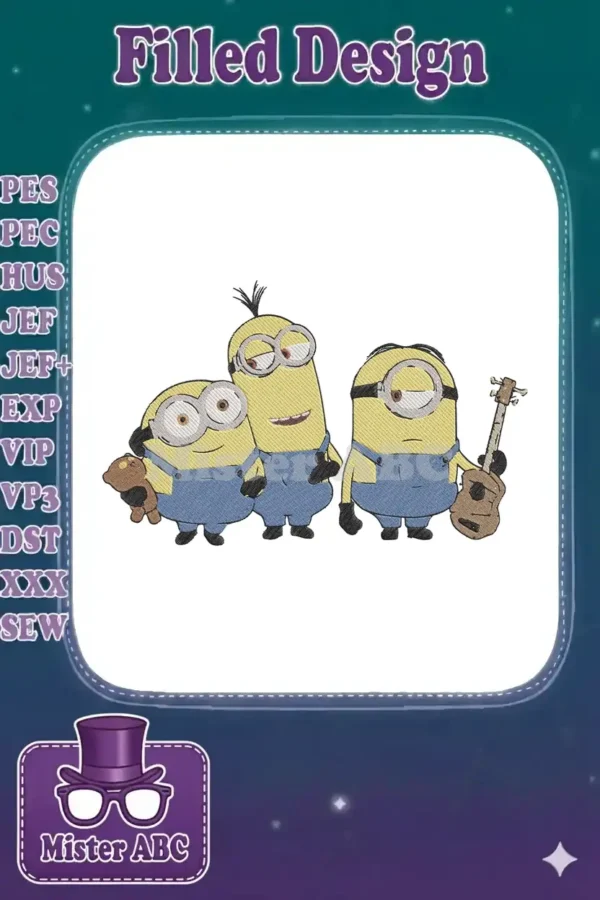 Three beloved Minions characters, one with a teddy bear, one tall, and one with a ukulele, in a vibrant embroidery.