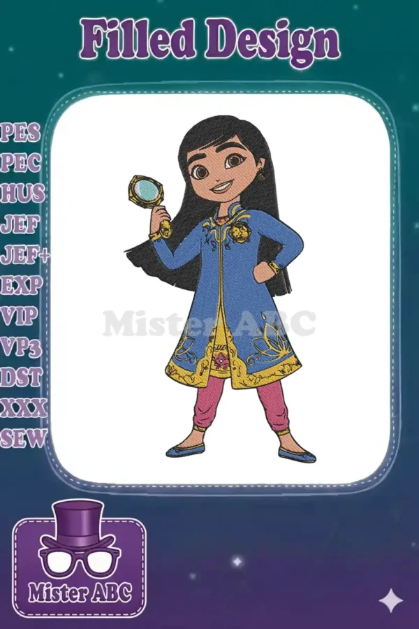 Full-body embroidery of Mira, Royal Detective, holding a magnifying glass, in her iconic blue and gold outfit.