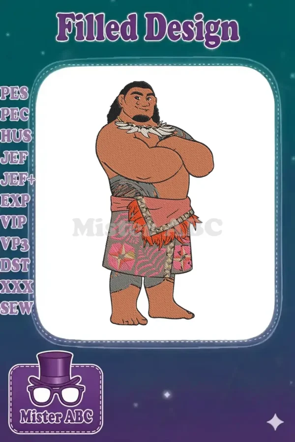 Full-color embroidery design of Maui from Disney's Moana, standing with arms crossed, detailed stitch work.