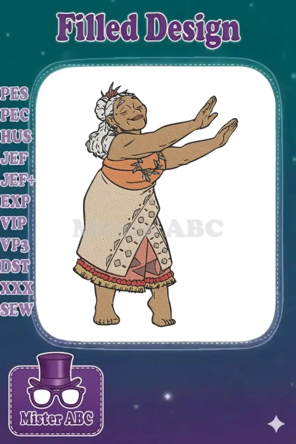 A vibrant embroidery design of Grandma Tala from Disney's Moana, depicted in a joyful dancing pose with arms outstretched.