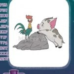 Moana Heihei Rooster and Pua Pig on Rock Embroidery Designs - Instant Download