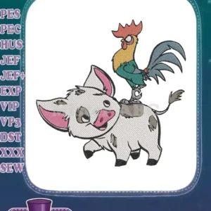 Charming embroidery of Pua the pig and Heihei the rooster, from Moana, standing together on a white background.