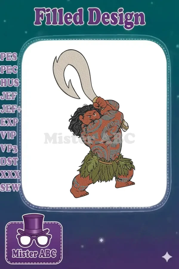 A powerful embroidery design of Maui from Moana, wielding his magical fishhook, featuring intricate Polynesian tattoos.