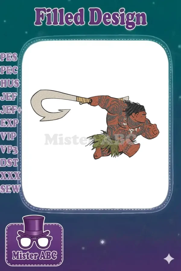 Dynamic embroidery design of Maui from Disney's Moana, wielding his iconic magical fishhook. Intricate tattoo details.
