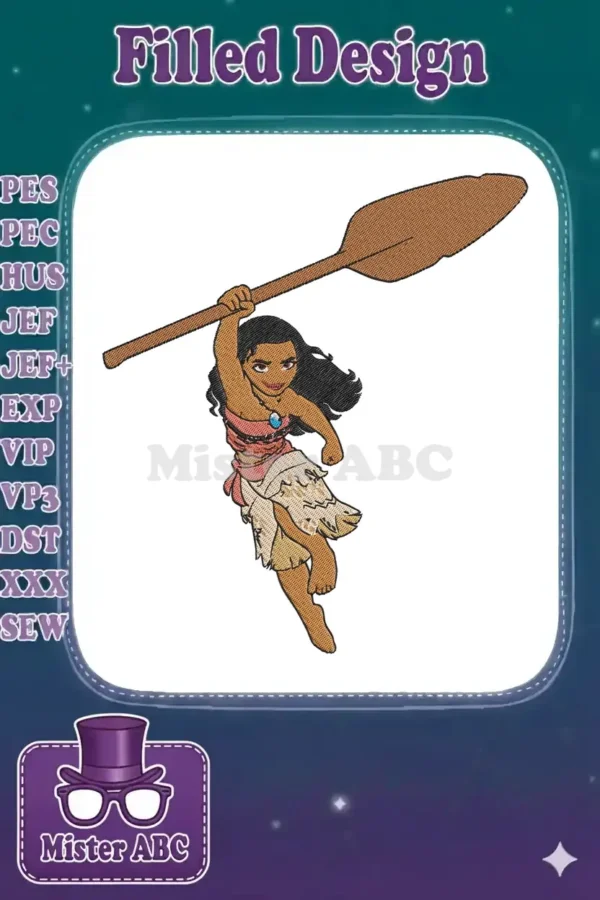 Full-color embroidery design of Disney's Moana, in an action pose, holding a brown oar above her head.