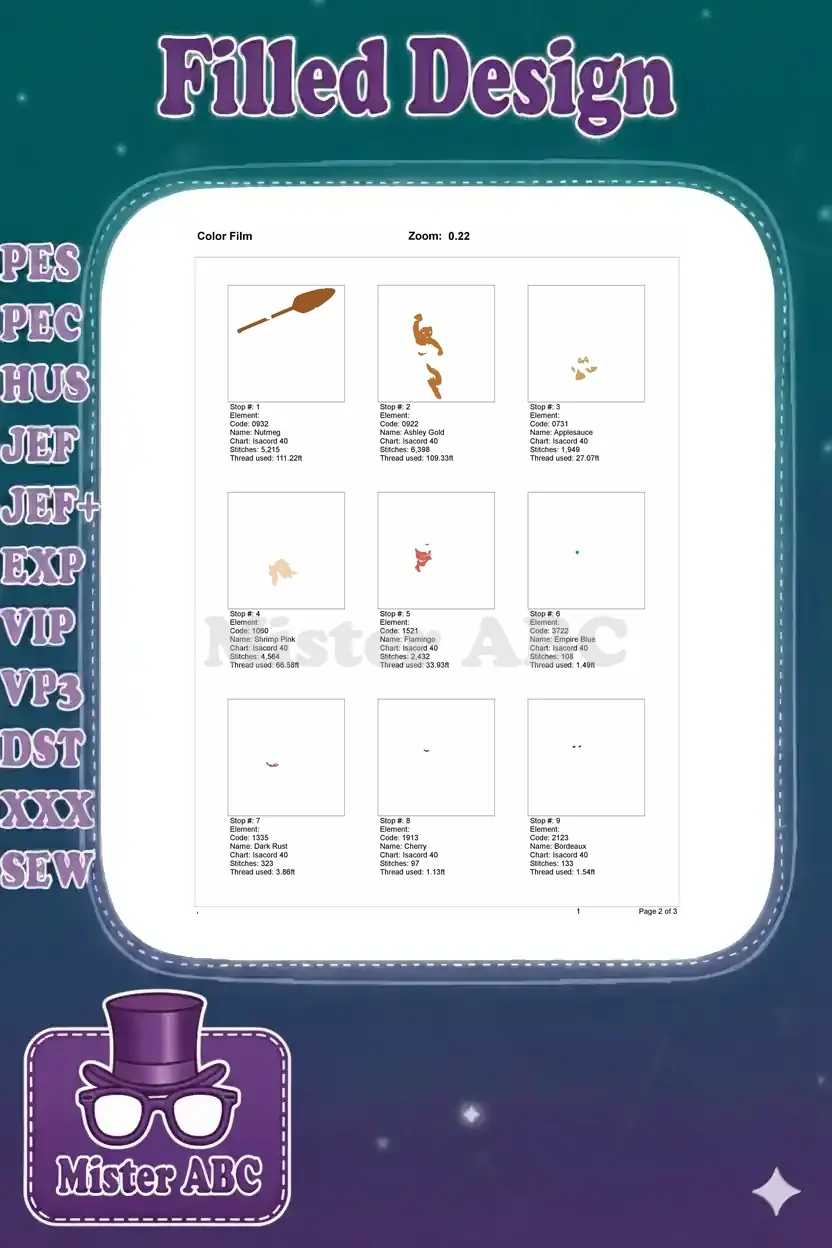 First page of the color film for Moana embroidery, showing individual color stops 1-9 with stitch and thread data.