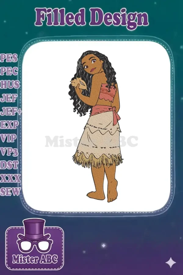 Full-body embroidery design of Moana, featuring her wavy dark hair, traditional outfit, and holding a shell.