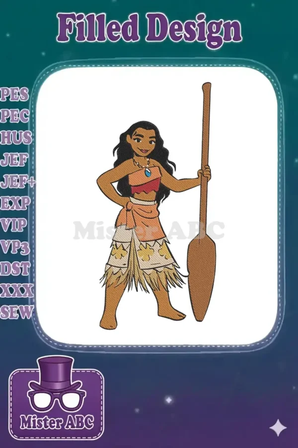 A spirited embroidery of Disney's Moana, standing confidently with her oar, ready for any adventure.