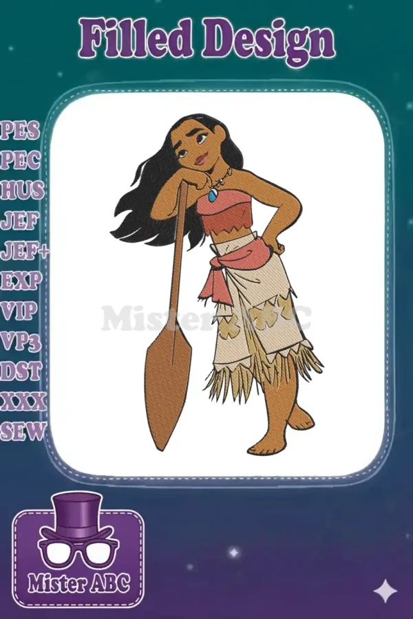 Vibrant embroidery design of a Polynesian princess, Moana, leaning on her paddle, ready for adventure.