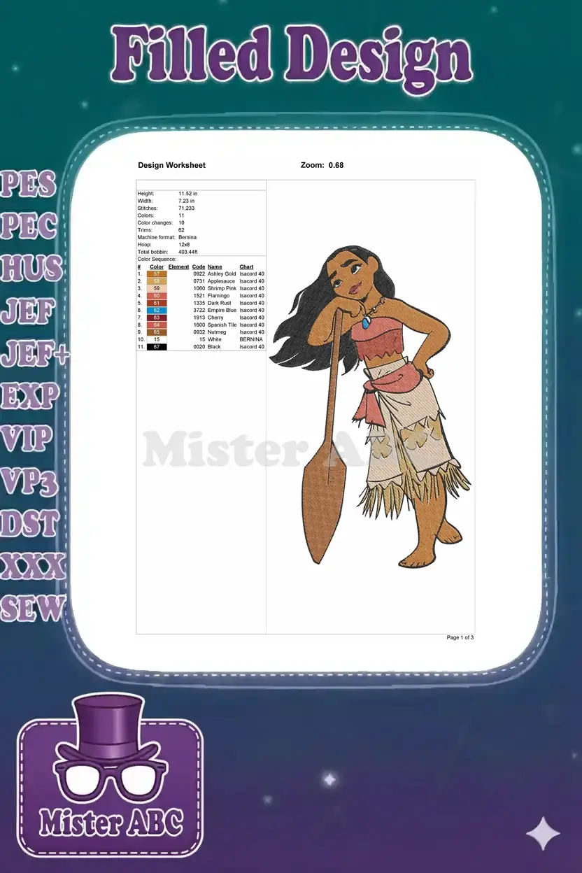 Detailed design worksheet for the Moana embroidery, showing dimensions, stitch count, and color palette.