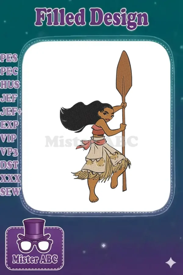 A vibrant embroidery design of Disney's Moana, holding her paddle, with flowing black hair and traditional attire.