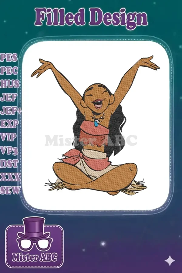Moana embroidery design, sitting with arms raised in joy, vibrant colors, detailed stitching on white background.