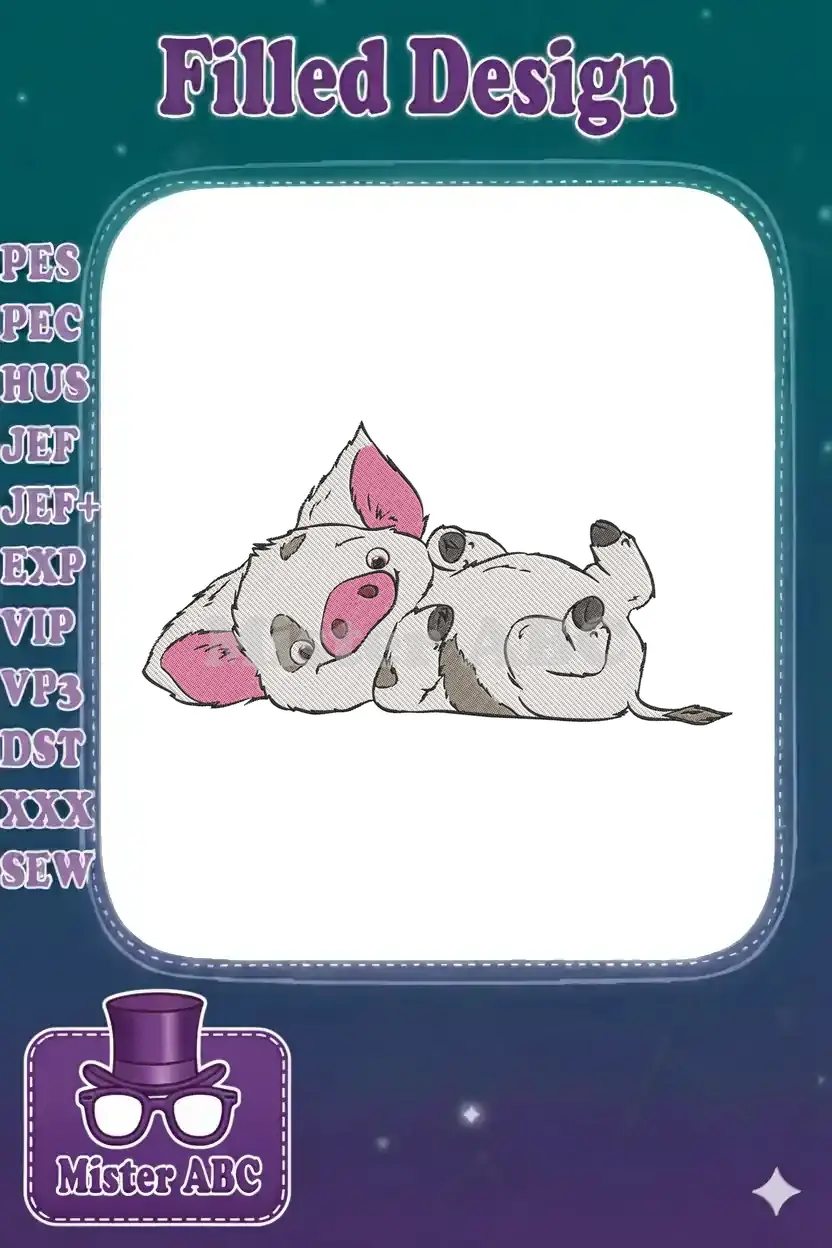 Pua from Moana embroidery design, a cute pig lying on its back with pink ears and snout, perfect for fans.