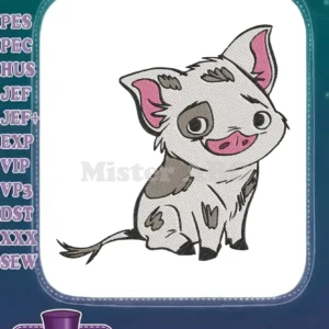 An adorable Pua the pig embroidery design, featuring his signature spots and cheerful expression, ready to stitch.
