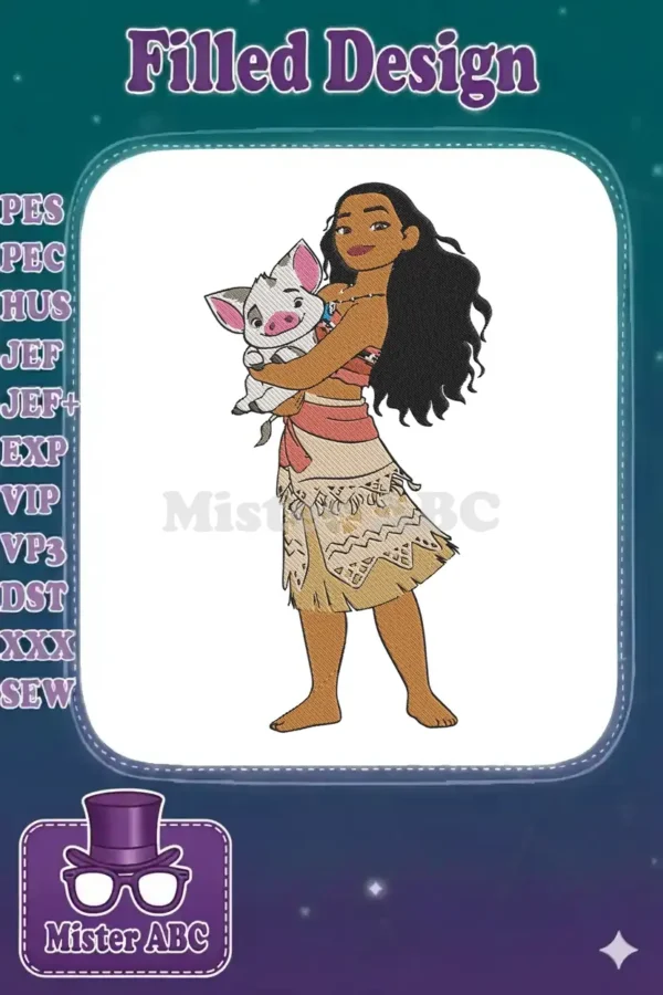 A beautiful embroidery design of Moana, the Disney princess, lovingly holding her loyal pet pig, Pua, against a white background. Captures their heartwarming bond.