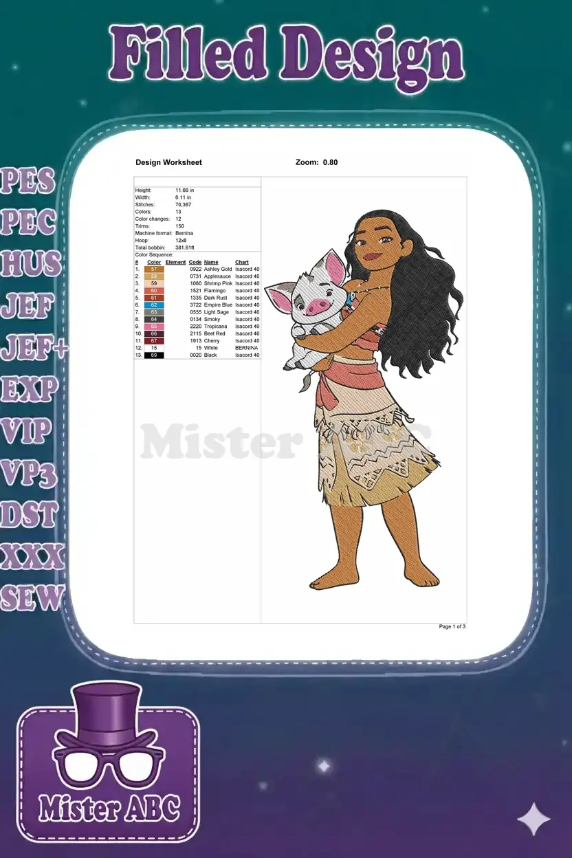 A detailed embroidery design worksheet showing Moana and Pua, complete with dimensions, stitch count, color chart, and thread information.