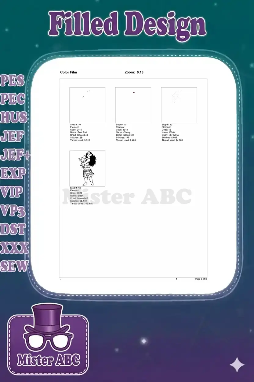 The second page of the embroidery color film, showing the remaining color stops (10-13) and the final outline of the Moana and Pua design.