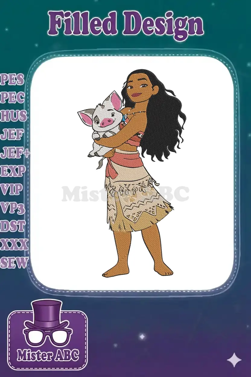 A beautiful embroidery design of Moana, the Disney princess, lovingly holding her loyal pet pig, Pua, against a white background. Captures their heartwarming bond.