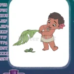 Adorable baby Moana playing with leaf and turtle embroidery designs - Instant Download