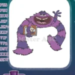 Funny purple fuzzy monster holding book waving hand embroidery designs - Instant Download
