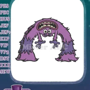 A vibrant, playful purple furry monster embroidery design with a wide open mouth and small eyes, ready for stitching.