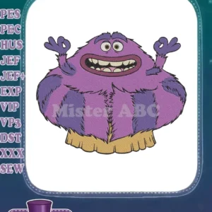 Close-up of Art from Monsters University, a fuzzy purple monster with a wide smile and arms raised.