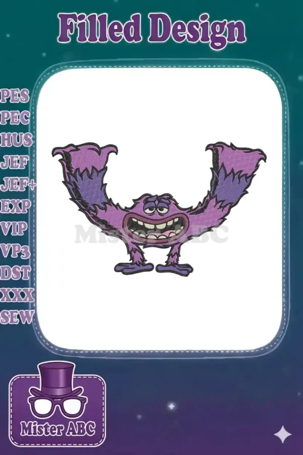 Detailed embroidery of a friendly, furry purple monster with a wide smile, vibrant and ready for any project.